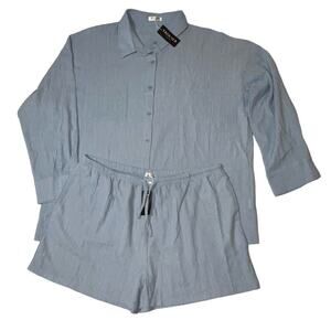 2PC Cotton Linen Casual Button Down Lounge Set Long Sleeve Shirt Shorts Blue XXL